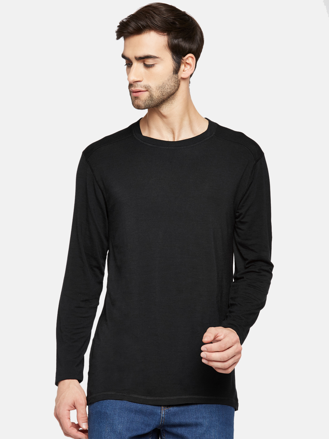 Black Merino Wool Bamboo Full Sleeves Thermal Tee | Men