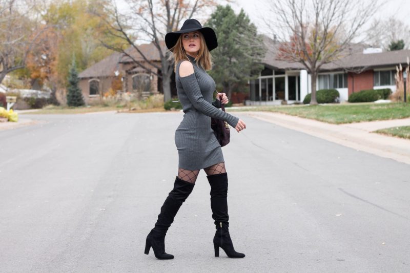 A CutoutStylish Winter Sweater Dress and Boots