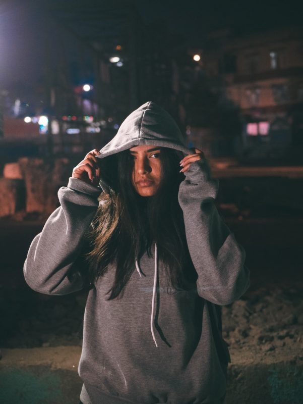 A girl with a hoodie online