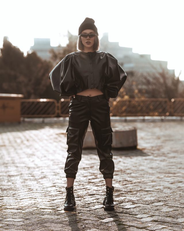 woman in leather warm trousers 